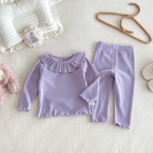 Set per Bambina, Abbigliamento da Casa in Tinta Unita, Set Invernale con Colletto a Volant, Completo Due Pezzi - Product Image 6