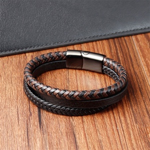 Good Quality Men <b>Bracelet</b> Bangle Stainless Steel Custom Logo Black <b>Leather</b> Braided Multi-Layer Genuine <b>Leather</b> <b>Bracelet</b> - Product Image 4