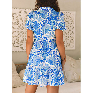 Thân Thương-Người Yêu Bán Buôn Giao Hàng Nhanh Chóng Địa Phương Chúng Tôi Cổ Phiếu Bầu Trời Màu Xanh Retro Hoa In Dây Kéo Eo Xù Mini Phụ Nữ Ăn Mặc - Product Image 2