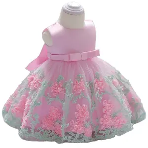 Embroidery Flower Baby Girl Maxi First Communion Dress With Lovely Bow