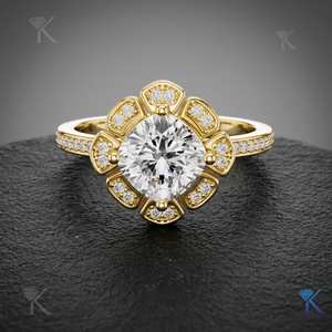 Bague en or massif 1.00-5.00 CT avec diamant de laboratoire taille coussin, halo floral vintage et pavé, bijoux de luxe sur mesure pour soirée - Product Image 1