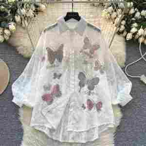 Blusas de malla casuales de manga larga con cuello para mujer, camisas elegantes bordadas con mangas abullonadas para mujer, ropa de primavera - Product Image 1