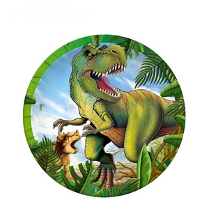 Qudoo Fournitures de fête <span class=keywords><strong>Dinosaure</strong></span> Vert Tyrannosaurus Rex Assiettes en carton Gobelets Serviettes Drapeaux Décorations suspendues Vaisselle jetable - Product Image 6