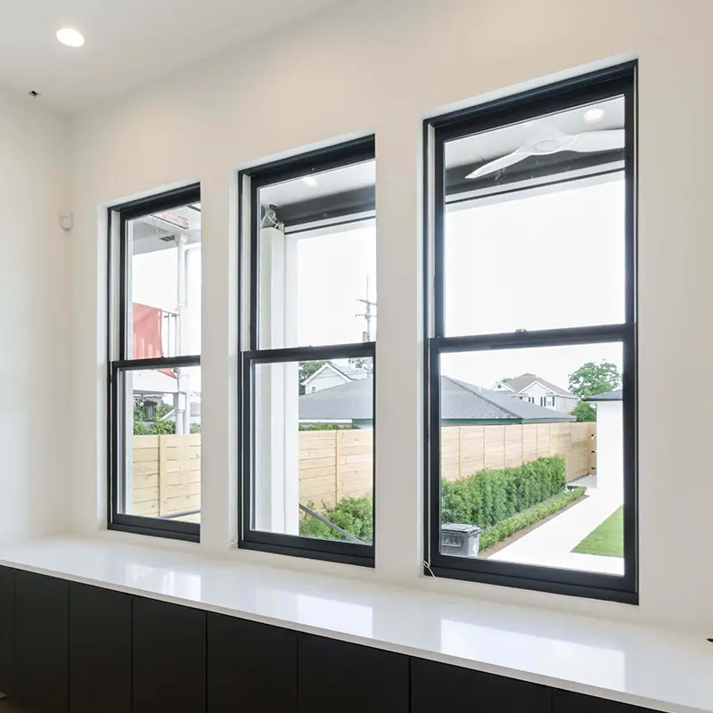 Hihaus custom black aluminium tempered glass american style double hung window