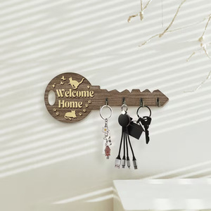 Yuka <b>Wooden</b> Key Holder Wall Mounted Welcome Cat Pattern Home Decor Storage Hook <b>Rustic</b> Style Entryway Organizer - Product Image 3