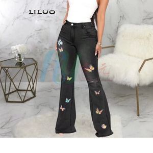 Calça jeans feminina de cintura alta azul, calça jeans elástica, perna larga, fundo de sino, jeans slim fit branco - Product Image 3