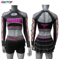 Uniforme de cheerleading personnalisé avec strass, haut court à bretelles longues avec jupe superposée, polyester et élasthanne, logo d'équipe personnalisable