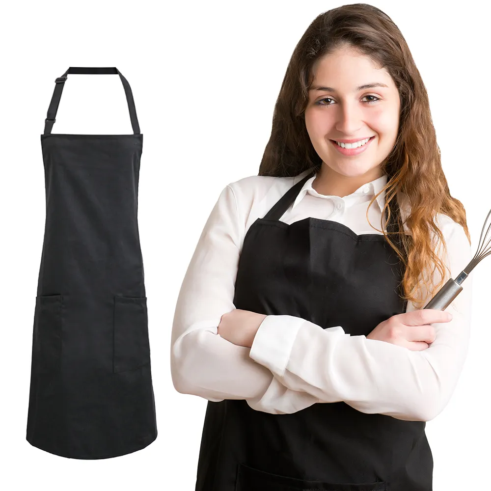 Fashion waterproof customer logo design 65% cotton 35% polyester black adult work kitchen apron cooking clothes bibs