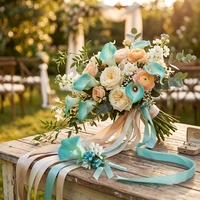 Boutonniere Pengantin Pria Calla Lily Buatan dengan Pita Berhias Berlian Imitasi untuk Pesta Pernikahan dan Prom