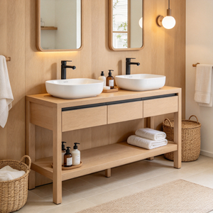 Mueble de Baño de Madera Natural Estilo Rústico con Lavabo Doble y Estante Abierto - Product Image 4