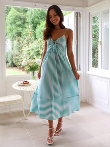 Vestido de satén informal de <span class=keywords><strong>verano</strong></span> para mujer, estilo High Street, con cuello en V, recortes, antiestático, largo hasta el suelo, con patrón de rayas, tejido natural, para fiesta. - Product Image 5