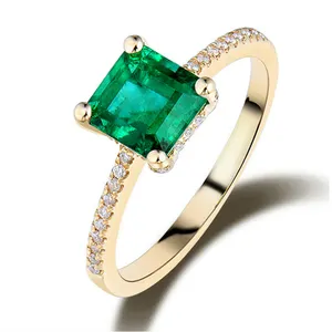 18K Solid Gold Jewelry Pave Real Diamond Solitaire Rings Natural Square Emerald Ring