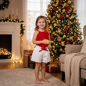 Elegante Set Estivo Casual per <span class=keywords><strong>Bambina</strong></span>, Top Rosso Senza Maniche con Dettagli Floreali 3D, Shorts Bianchi con Fiocco, 2 Pezzi Traspiranti, Boutique per Bambini - Product Image 1