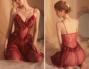 Camicia da notte rossa dolce principessa a rete in pizzo floreale trasparente con scollo a v aperto vestaglia lungo lungo lungo lungo lungo - Product Image 6