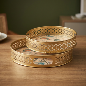 Floral Pattern <b>Serving</b> <b>Trays</b> Set of 2 Polished Metal Decorative Residential Use - Product Image 3
