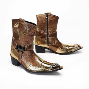 מגפי עור עגל בצבע זהב, יוניסקס, לנשים, עקב בלוק, נעלי עור אלגנטיות, לגברים, נעלי עור משובצות, אבזם מתכתי, מגפי צ'לסי אלגנטיים - Product Image 1