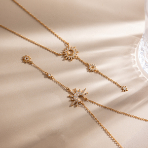 Collier en acier inoxydable plaqué or 18 carats PVD, pendentif Céleste Croissant de Lune, Soleil et Étoile, anti-ternissement, style Y Lariat Radiant - Product Image 3