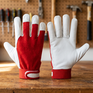 JNA Group White Red PU Leather Safety <b>Gloves</b> Anti-Slip Fingertips Elastic Wristband General Purpose 11 oz <b>Silicone</b>-free - Product Image 4