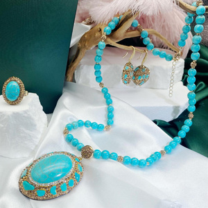 New <strong>Necklace</strong> Earrings <strong>Ring</strong> Fashion Jewelry Luxury Bohemian Natural Oval Turquoise <strong>Beads</strong> Jewelry Sets for Women - Product Image 2