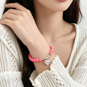 Bracelet à breloques en forme de cœur en corail rose pour femmes, bijoux élégants et minimalistes, cadeau en argent pur S925 - Product Image 3
