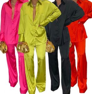 Set di <span class=keywords><strong>pantaloni</strong></span> <span class=keywords><strong>eleganti</strong></span> Blazer in raso camicia a maniche lunghe donna <span class=keywords><strong>pantaloni</strong></span> larghi donna 2 pezzi abbinati Set di indumenti da notte - Product Image 1