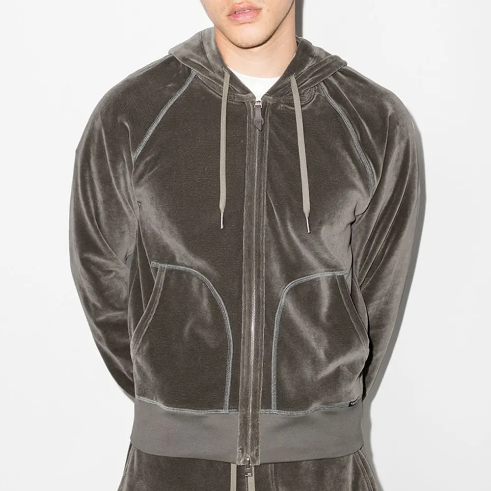 Toptan erkek hoodie lüks kadife kahverengi slim fit tasarımcı hoodie raglan kollu zip up spor özel etiket hoodies