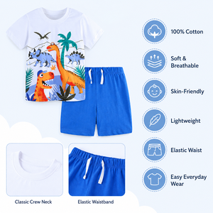 Ensemble 2 pièces d'<span class=keywords><strong>été</strong></span> personnalisé pour garçons, T-shirt et short 100% coton, imprimé dinosaure de dessin animé, tenue décontractée, OEM, faible MOQ, boutique - Product Image 4