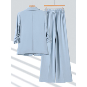 Women's Light Blue Suit Set Three Quarter Sleeve Blazer And Trousers Formal Workwear For Commute Spring Summer Autumn - Product Image 4