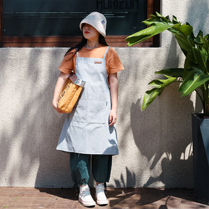Japanese Style Cotton Suspender Apron Blue And Dark Green Stripes Machine Washable Daily Use - Product Image 3