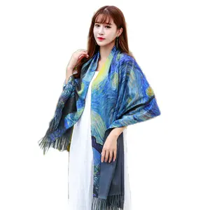 Digital printed scarf cashmere like oil painting shawl tassel long scarf warm retro scarf manufacturers sales
