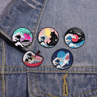 Stock rond mer émail broche océan chat noir rond requin broche sac à dos bijoux cadeau vague Punk Badge géométrique épinglette