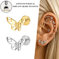 Piercing Labret Papillon Freya sans filetage ASTM F136 à dos plat avec zircon pour Hélix, Tragus, Conch, Lèvre