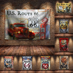 ธงแขวนตกแต่งรถมอเตอร์ไซค์ ลาย USA Biking the Mother Road Route 66 โปสเตอร์ติดผนัง วินเทจ ตกแต่งโรงรถ ป้ายโฆษณา ขนาด 3x5 ฟุต สำหรับร้านผับ - Product Image 2
