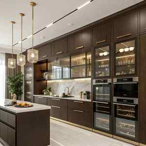 Armoire de cuisine en bois foncé de luxe léger, armoire en bois massif minimaliste italienne multicouche, armoires de cuisine - Product Image 1