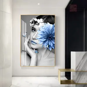 Home Decoration Wall Art Frame Beautiful Woman Glass Art Painting Blue Crystal Porcelain Painting Hanging Picture