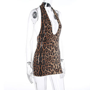 Viviblook Z1125DS01 Autumn New Women Sexy Hot Girl Sleeveless Deep V Neck Leopard <b>Print</b> <b>Mini</b> Dress for Women Party Dress - Product Image 3