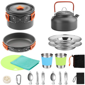 Hikeon <strong>Camping</strong> Cookware Set <strong>Kettle</strong> Cutlery Lightweight Hard Anodized 2-3 Person Outdoor Kitchen Stainless Steel Cover Gas Cooker - Product Image 2