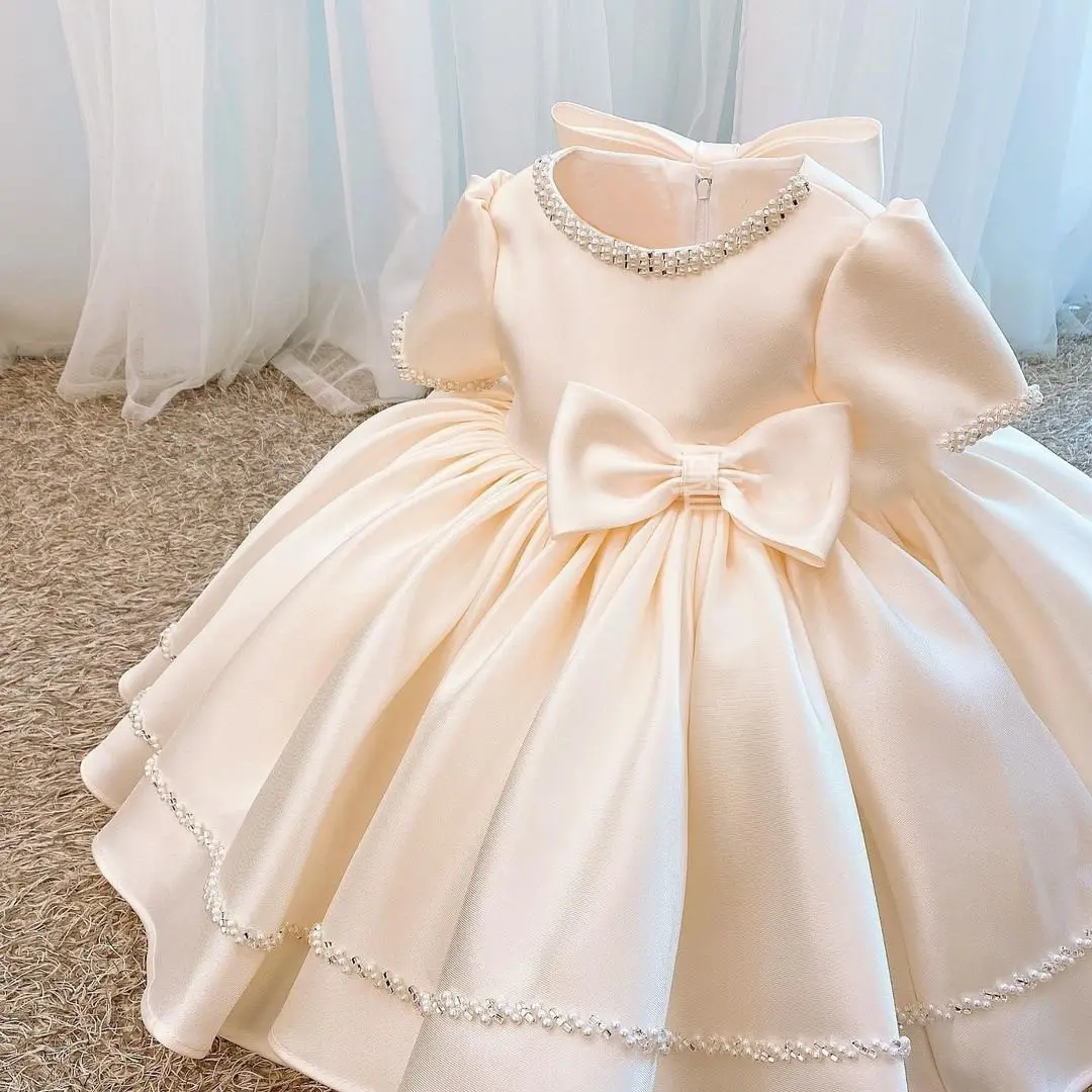 retail wholesale 5 colors big sequin bow baby girls' princess party dresses gown kid clothing set dress