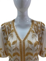 Robe de soirée de style moyen-oriental, Dubaï, musulmane, en mousseline de soie lourde, ornée de perles, à fleurs, coupe trapèze, taille haute, col en V