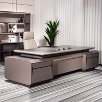 Table de direction modulaire multifonctionnelle en forme de L, de haute qualité, marron, moderne, luxueuse, avec éclairage LED, en placage de bois MDF, garantie 3 ans