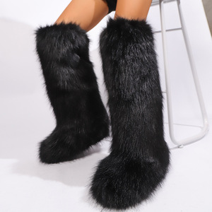 Bottes d'hiver pour femmes en fourrure synthétique imitation renard Y2K, talon plat, hauteur au-dessus du genou, doublure en denim, bottes longues pour l'automne, hauteur cuisse - Product Image 5