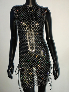 Mini-robe en résille ornée de strass pour femme, sexy, sans manches, fendue sur le côté, style bandage, pour la plage ou comme cache-maillot d'été - Product Image 4