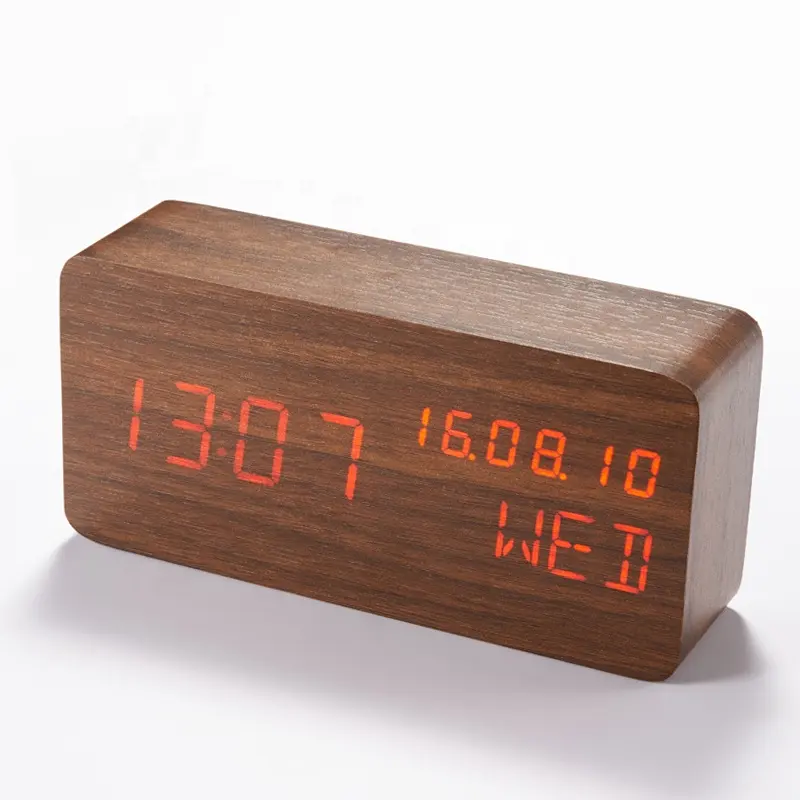 KH-WC004 China Kustom Dicetak Samping Tempat Tidur Meja Elektronik Hari Bulan Tahun LED Display Kayu Kalender Digital Alarm Jam untuk Anak-anak