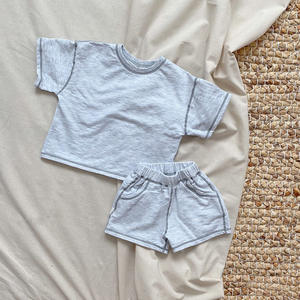 HT23D107035 Nouvelle Collection Été Mode Bébé Garçon Ensemble 2 Pièces T-shirt Bleu <span class=keywords><strong>Beige</strong></span> Côtelé et Short - Product Image 3