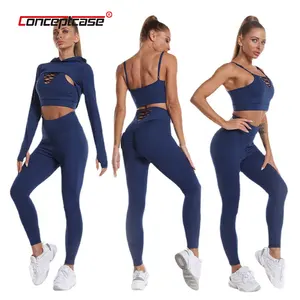 2021 Fitness Workout Activewear Gym Sport Yoga Wear Set 3 pezzi Crop Top manica lunga e pantaloni Yoga a vita alta Set Yoga senza cuciture