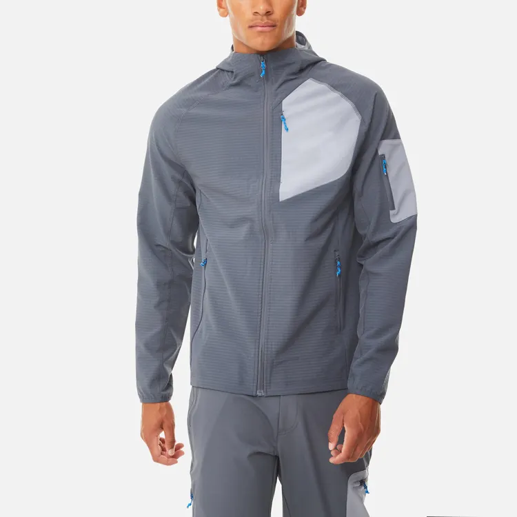 All'ingrosso Splicing colore Outdoor abbigliamento da arrampicata per uomo Logo personalizzato Soft Shell collo con cappuccio ciclismo giacca impermeabile