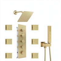 NPYSVSSS Ensemble de douche double à fixation au plafond LED 16x32 pouces en laiton brossé doré avec vanne 4 fonctions et douchette 2-en-1 complète