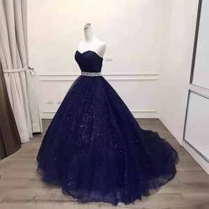 Navy Blue Strapless Sweetheart Ball Gown Organza Evening Dress For Banquet Wedding Toasting - Product Image 2
