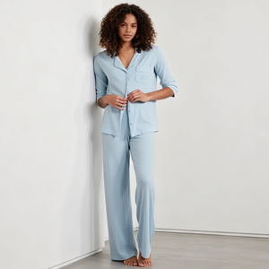 Pyjama de luxe bleu clair pour femme, ensemble en coton, pyjama boutonné, vêtements de nuit en modal, vêtements de nuit en fibre de bambou personnalisés, vente en gros - Product Image 1