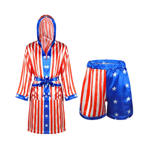 Traje elegante de Halloween para hombres y mujeres adultos, conjunto de disfraces de boxeo, poliéster, satén, bandera americana, Rocky Boxer, uniforme, bata con capucha - Product Image 4